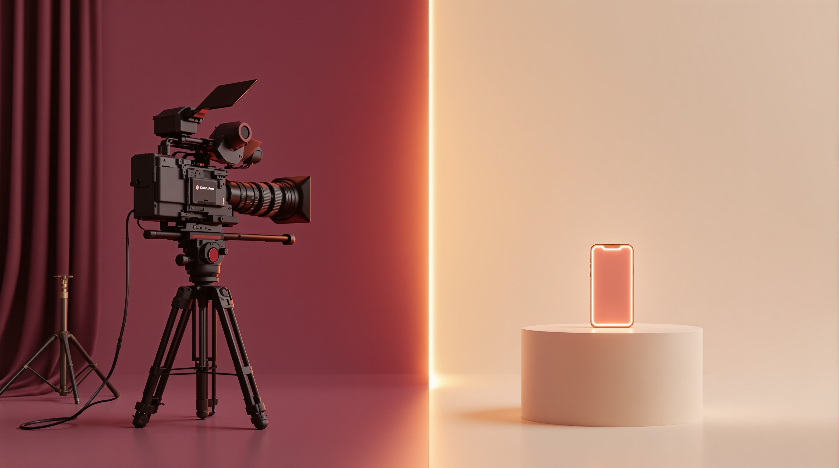Split scene: a film crew lighting a podcast studio on one side, a laptop rendering an AI podcast reel on the other