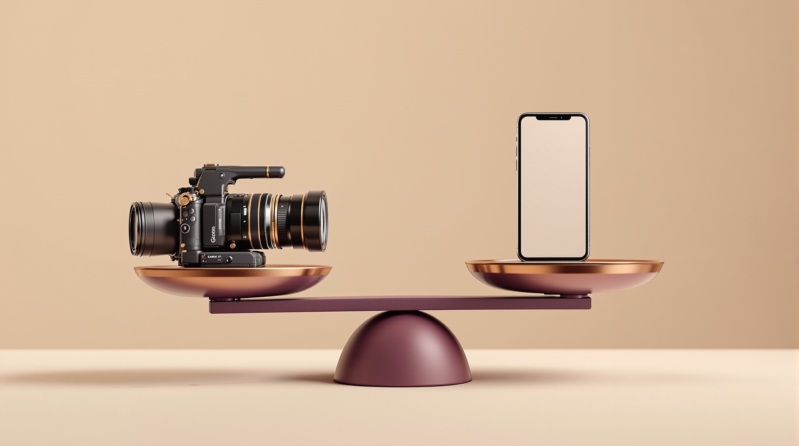 A balance scale weighing a heavy professional film camera against a single lightweight smartphone.