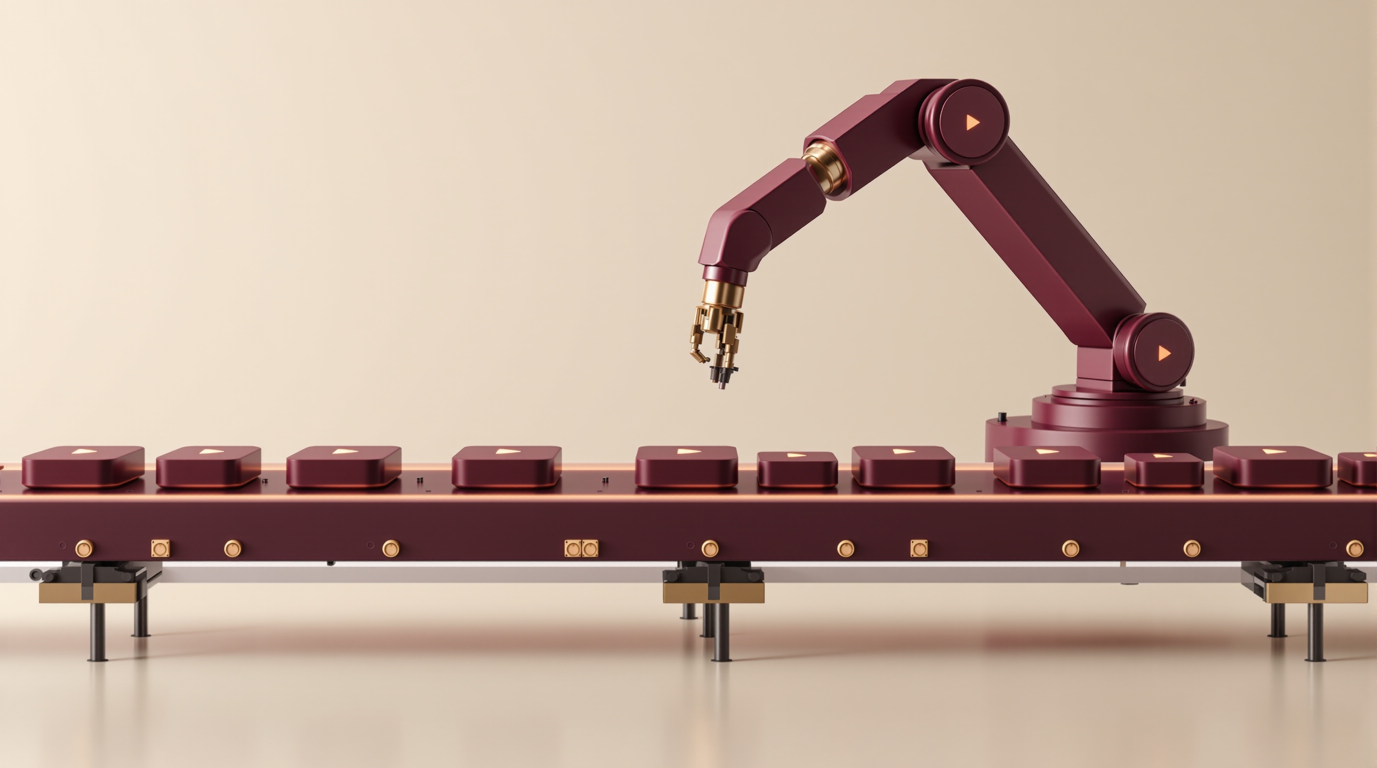 Stylized 3D conveyor belt carrying glowing video frames through an automated production line, no people present