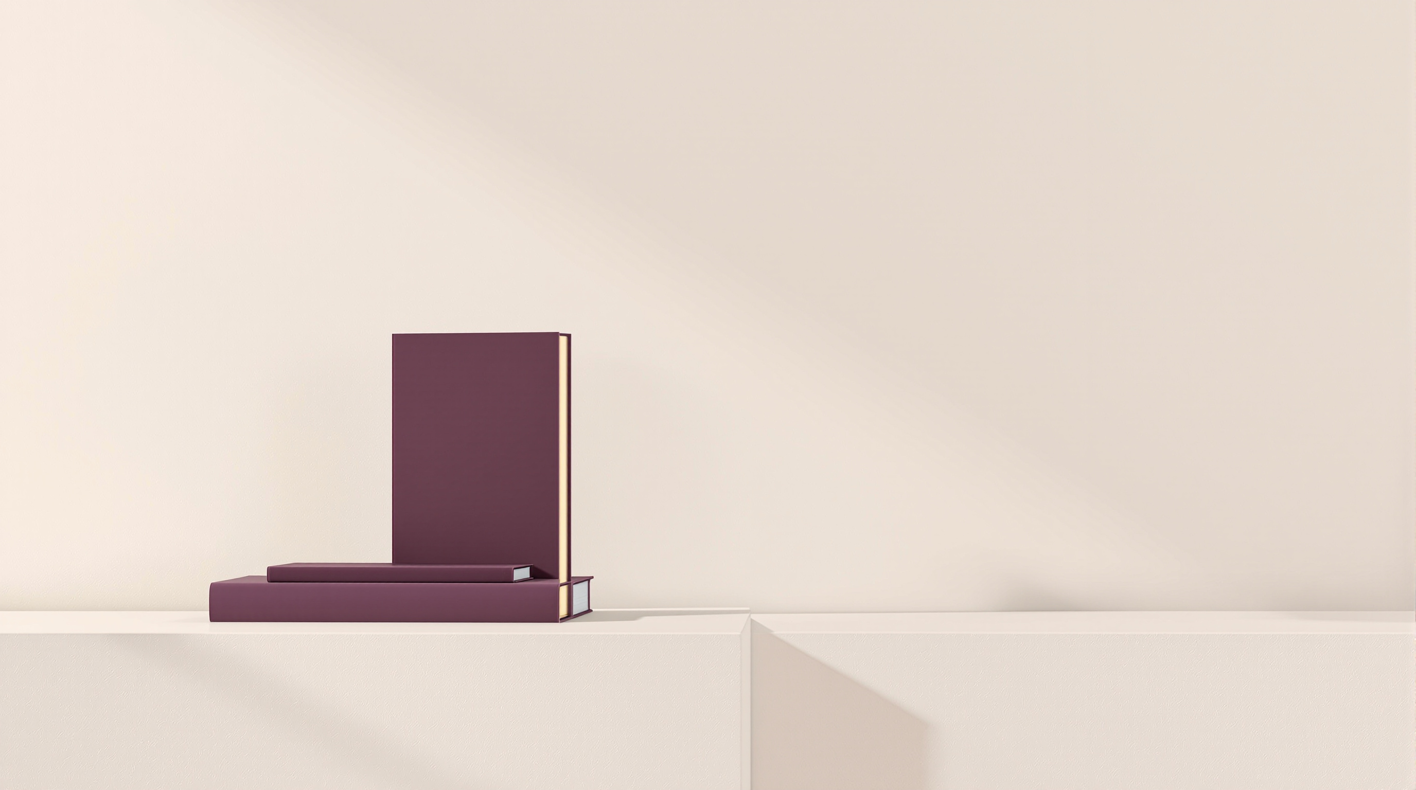 Two deep plum books lying flat on a pale ivory ledge with a slim upright plum video card standing behind them, its edge catching a thin line of gold light