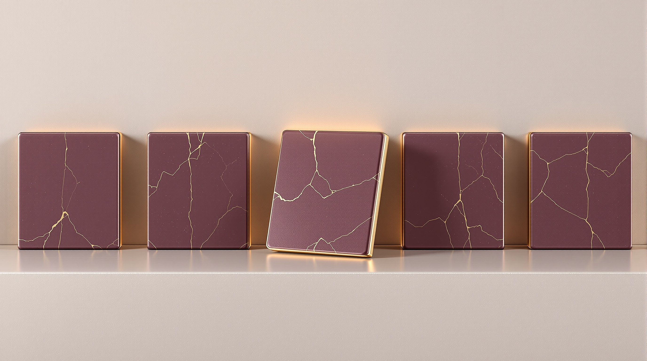 A row of five deep plum tiles veined with gold on a neutral greige ledge, with the middle tile tilted forward and rimmed in champagne gold