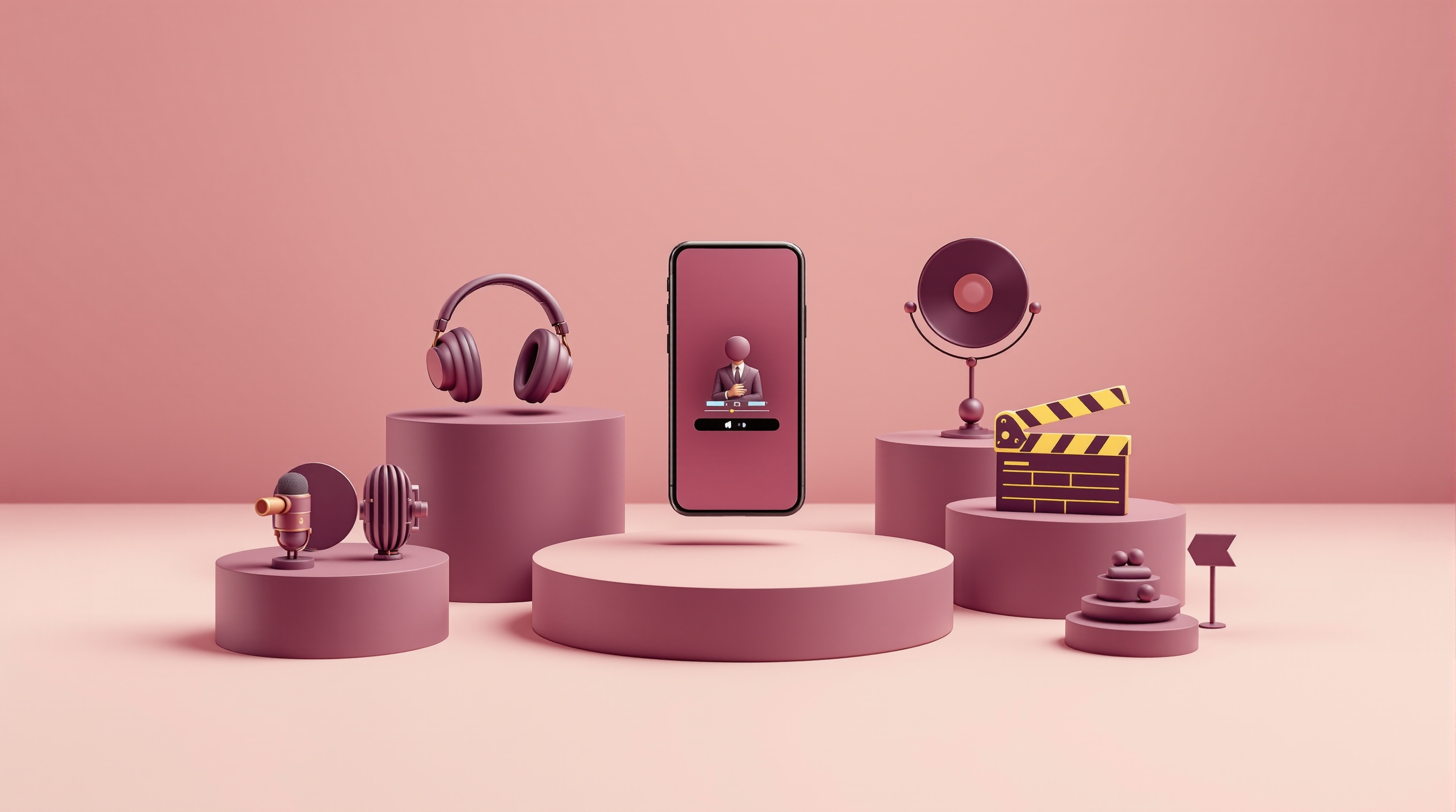 Seven AI podcast tools lined up for comparison, from an audio waveform to a branded vertical podcast video on a phone