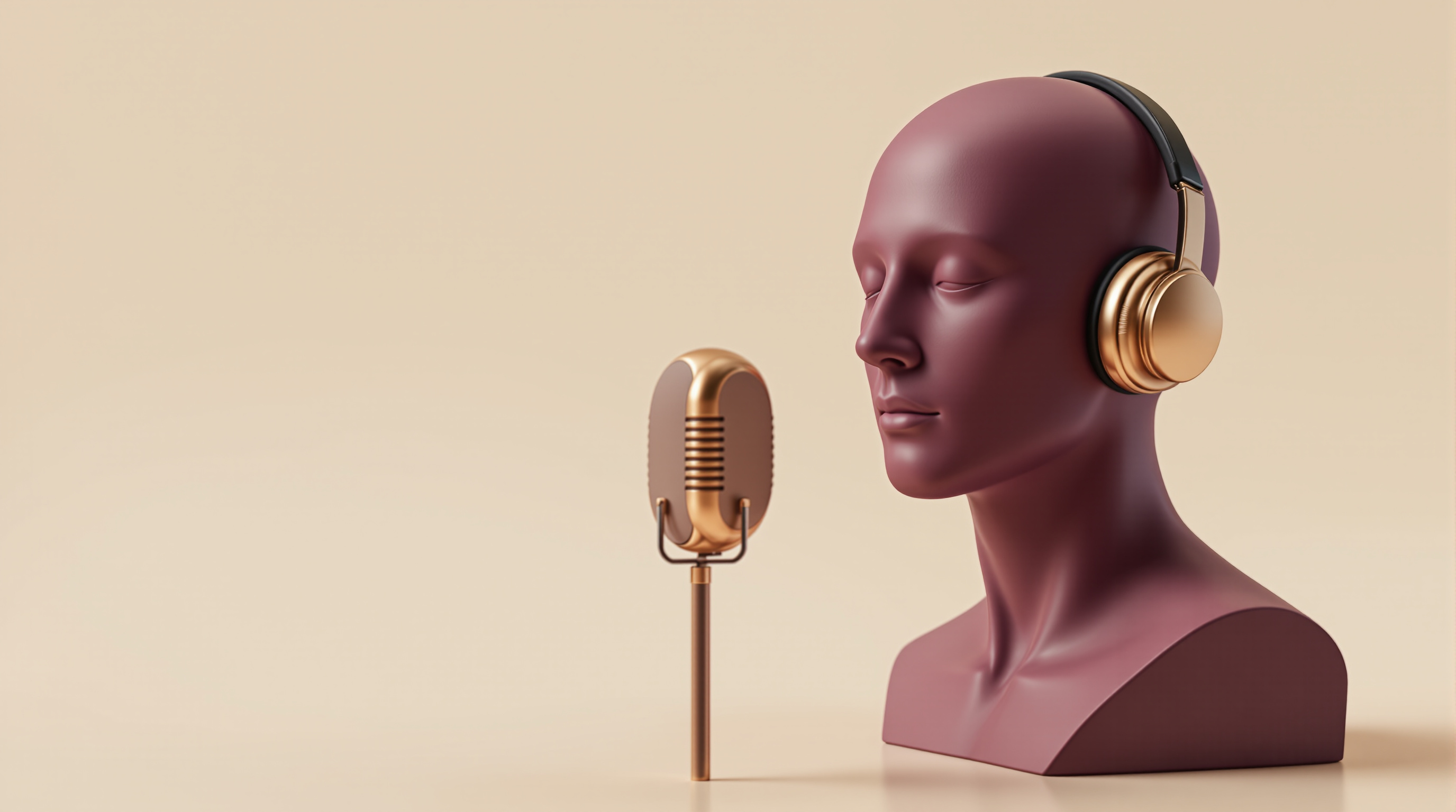A deep plum clay bust of a podcast host wearing gold headphones beside a gold studio microphone, representing a generated host that never has to be filmed