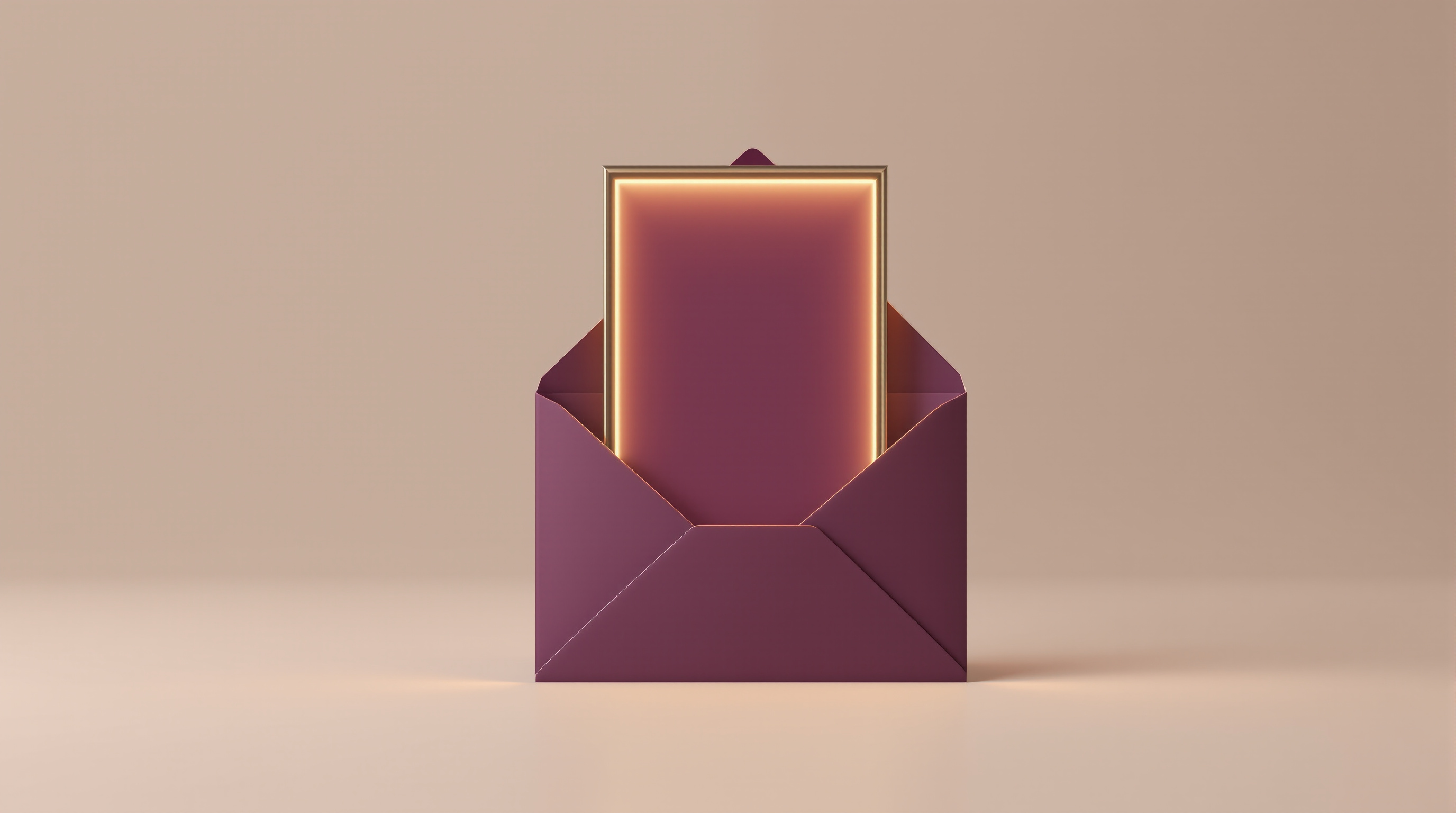 An open envelope on a desk with a single vertical video frame rising out of it, rendered in plum and gold tones