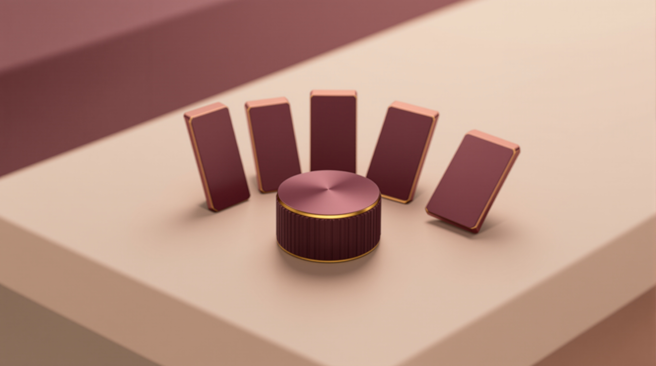 A deep plum control dial on a pale ivory surface with five upright plum video cards fanned out behind it, edged in gold rim light