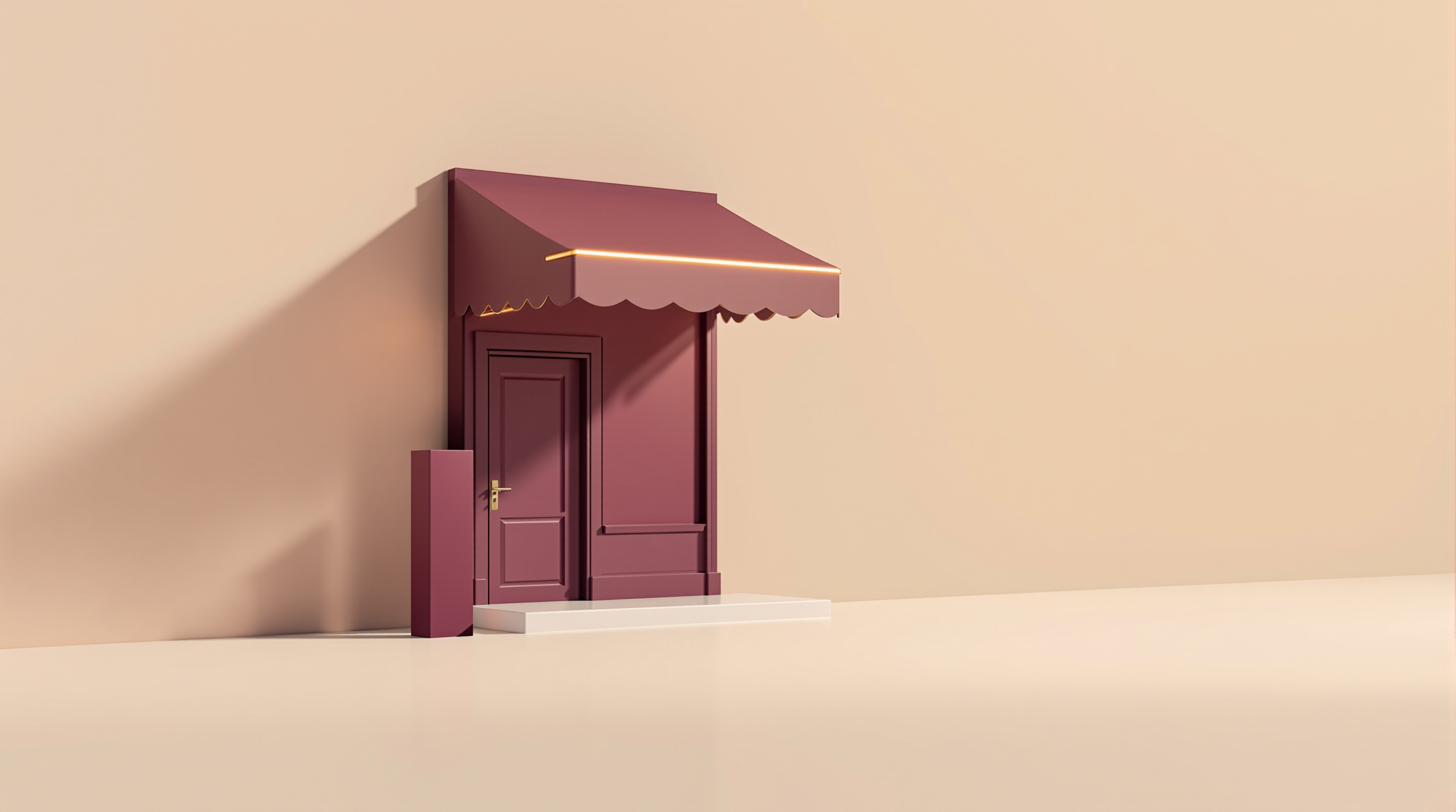 A small deep plum shopfront with a matching awning and door on a pale ivory surface, thin gold trim catching the light, a blossom tree beside it