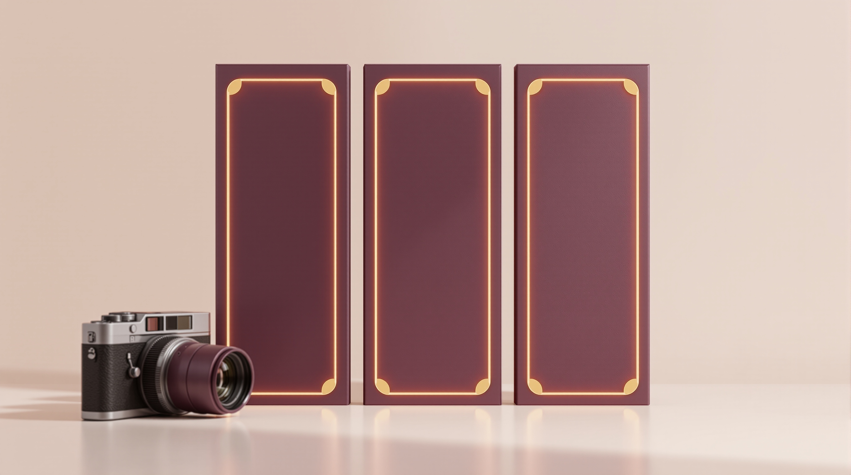Three upright deep plum vertical video panels outlined in gold light standing in a row beside an unused camera on an ivory backdrop, representing the three ways to make video with no footage