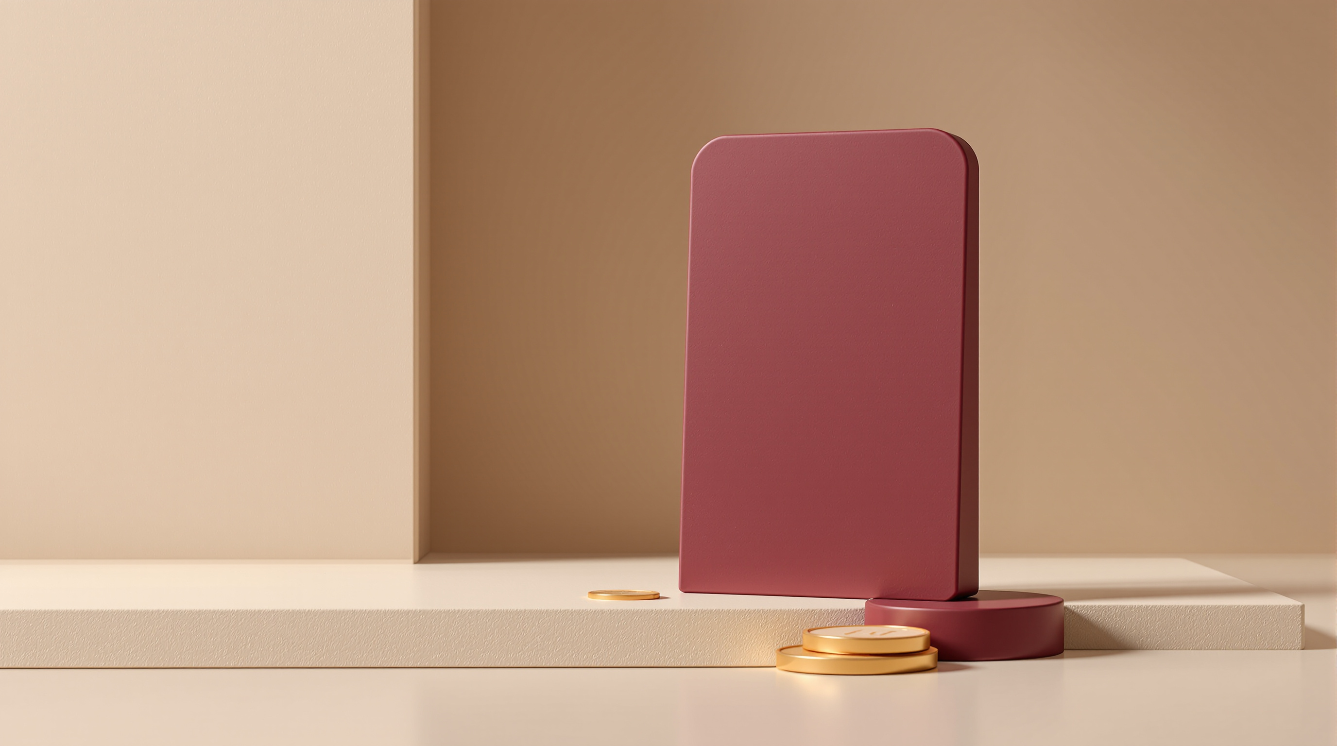 A deep plum vertical video card standing upright on a pale ivory ledge with a few gold coins resting at its base