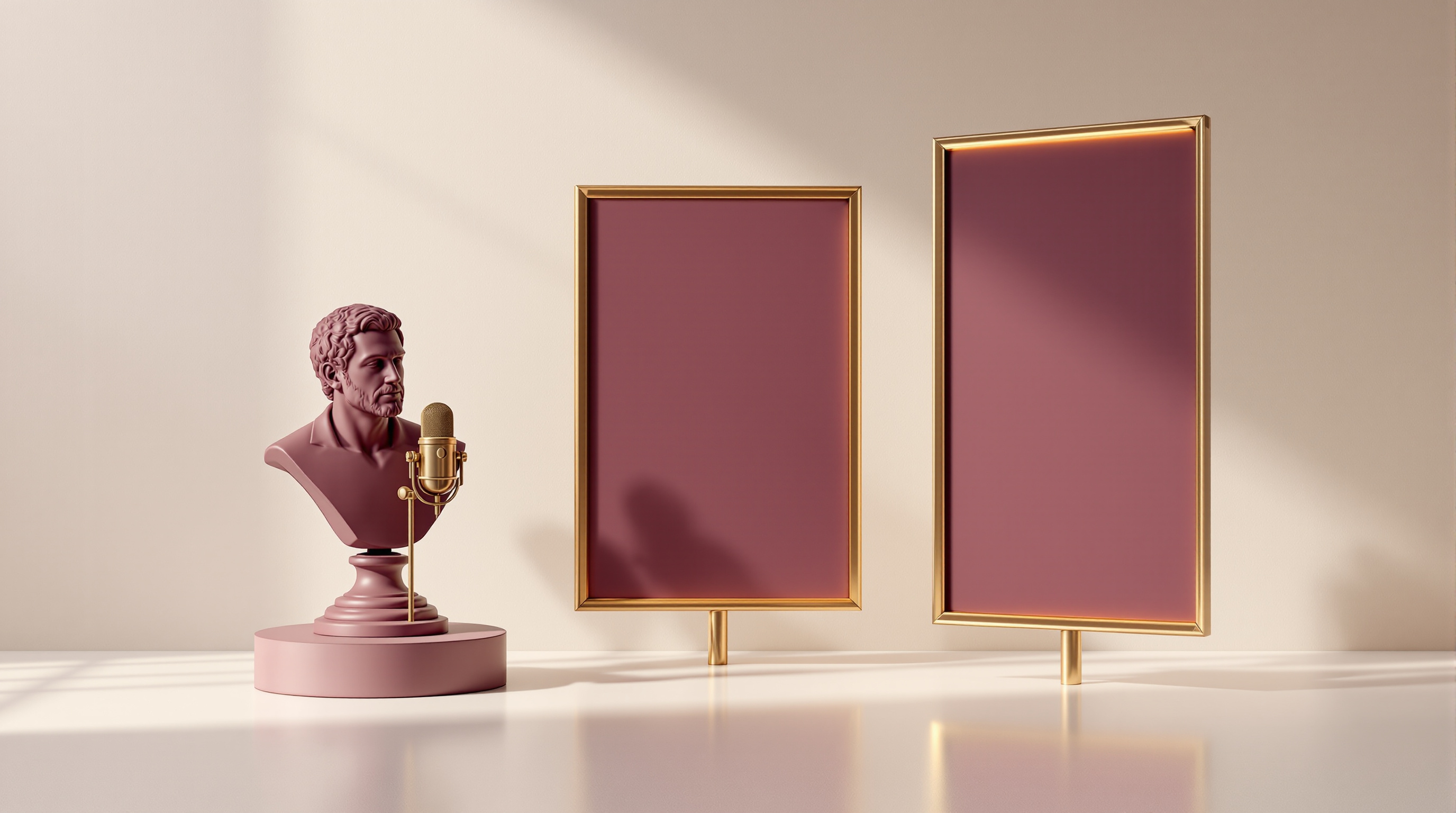 One glowing gold host card lifting away from a stack of identical blank template cards on a deep plum desk, representing an original faceless channel against mass-produced AI video