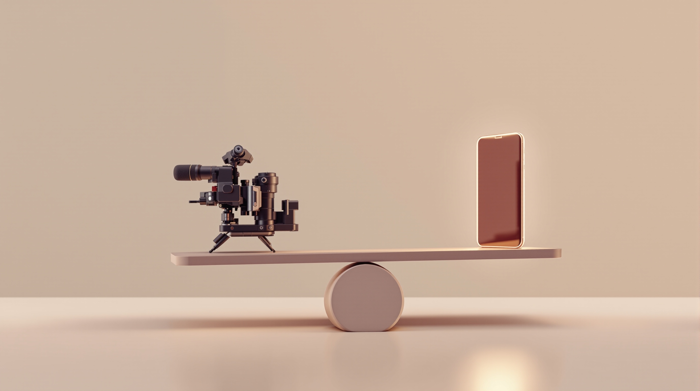 A balance beam weighing a large studio microphone and camera rig against a single small glowing phone.
