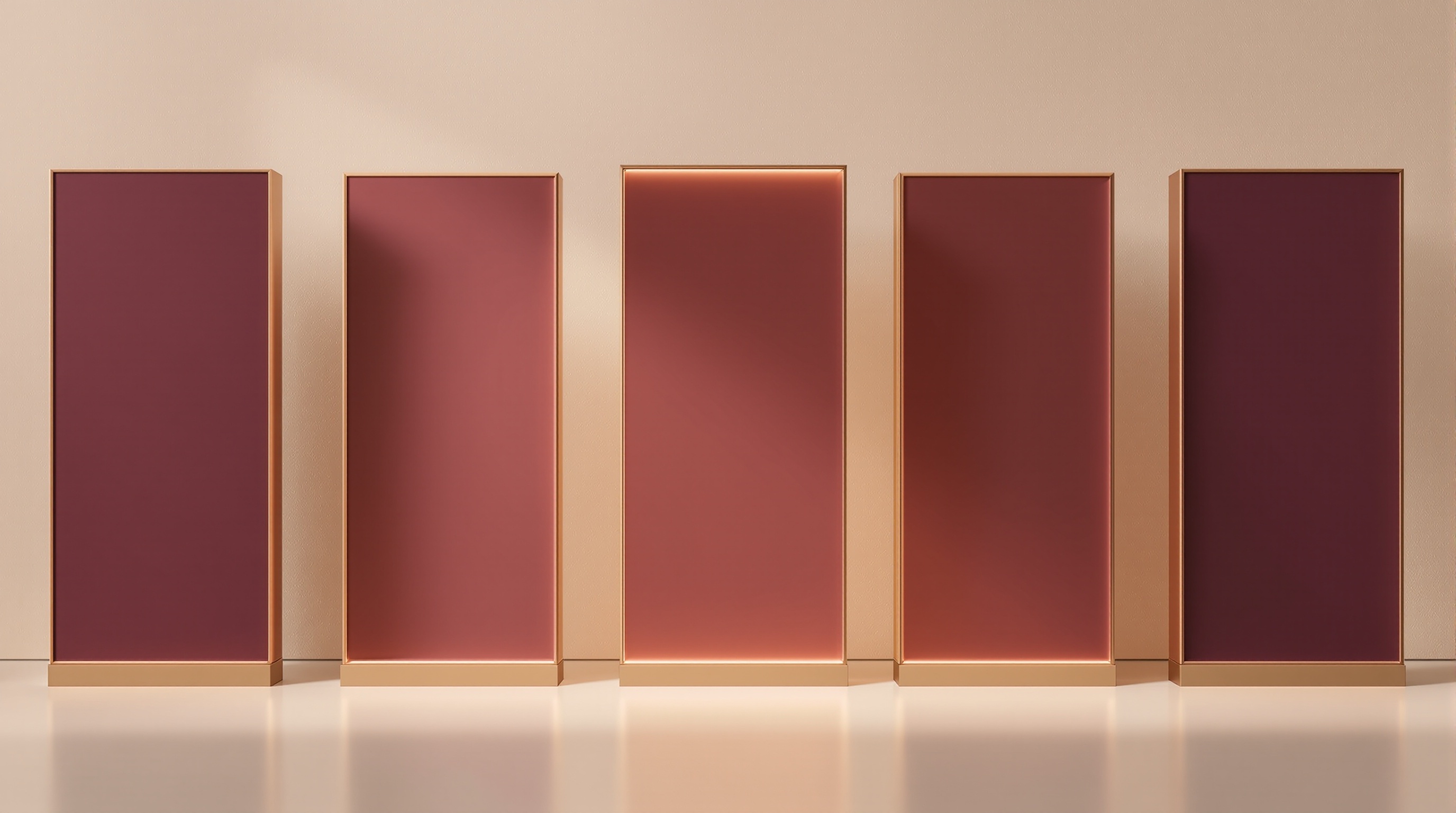 Five upright plum video panels with antique gold frames standing in a row against an ivory wall, the middle one lit from within