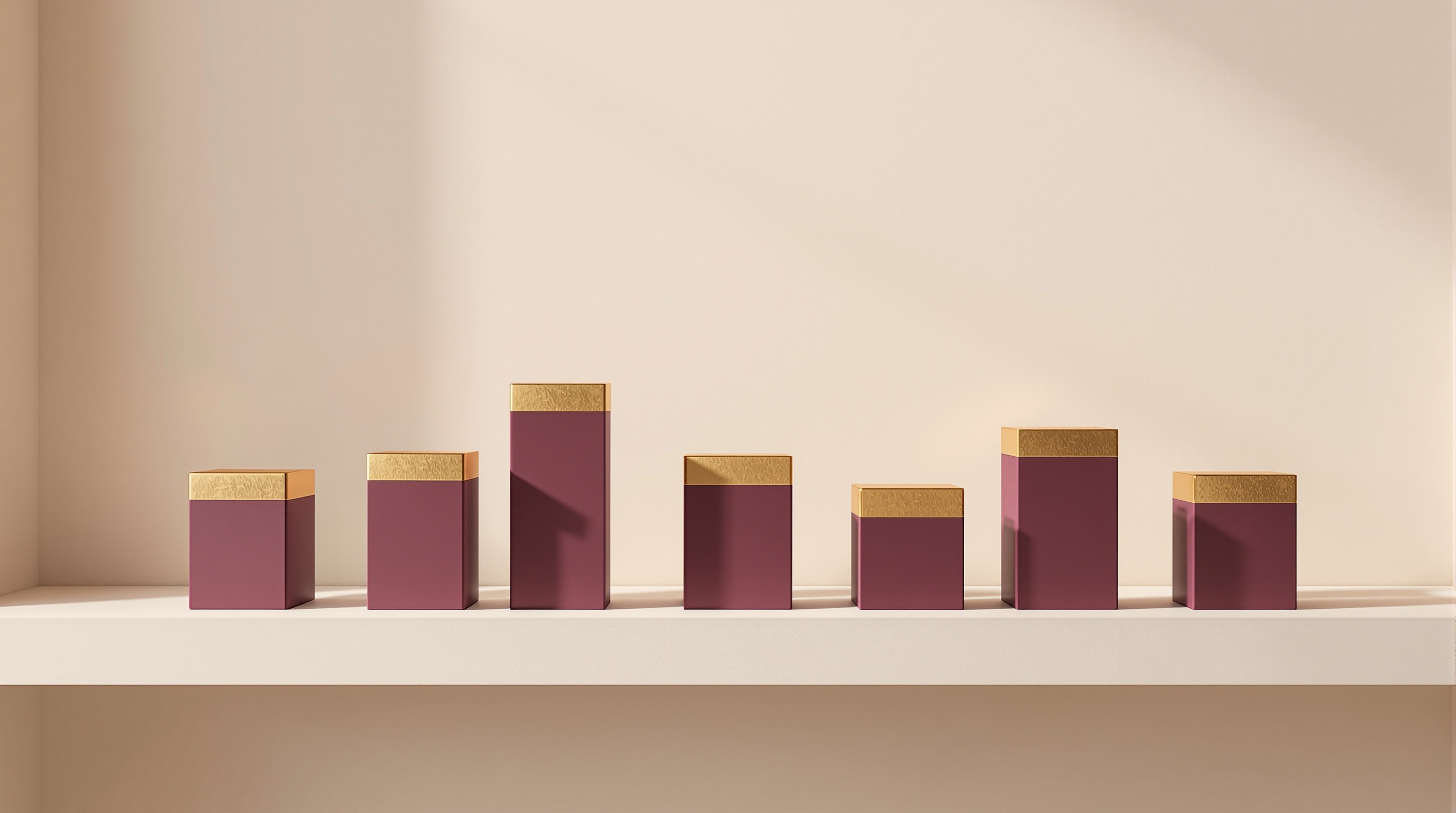 Seven plum blocks with gold tops standing in a row of uneven heights on an ivory shelf