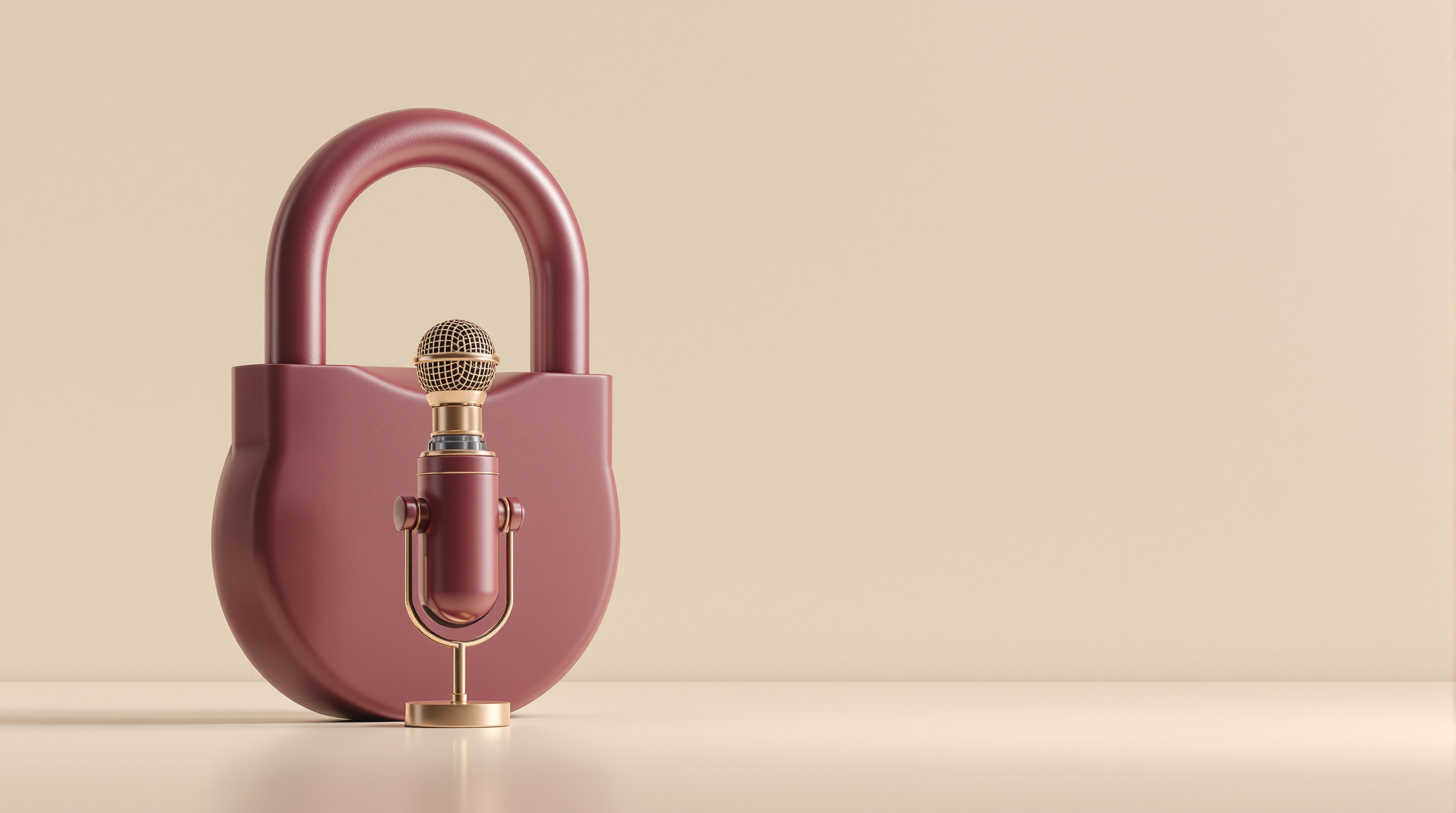 A small podcast microphone standing in front of a padlock on a pale backdrop, showing podcast production unlocked at no cost