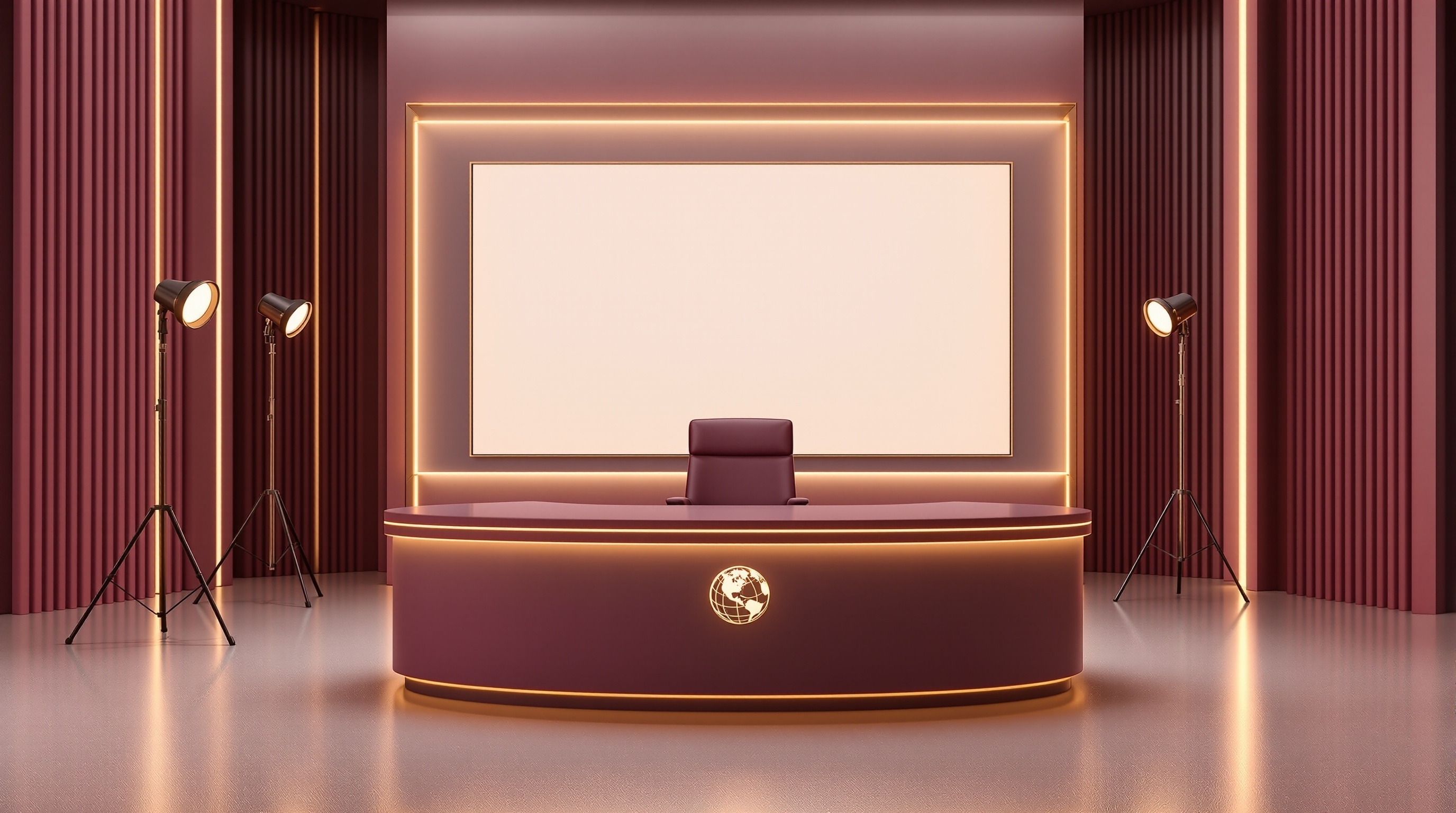 Stylized 3D news desk with an empty anchor chair, a glowing screen and broadcast lights, rendered in plum and gold tones