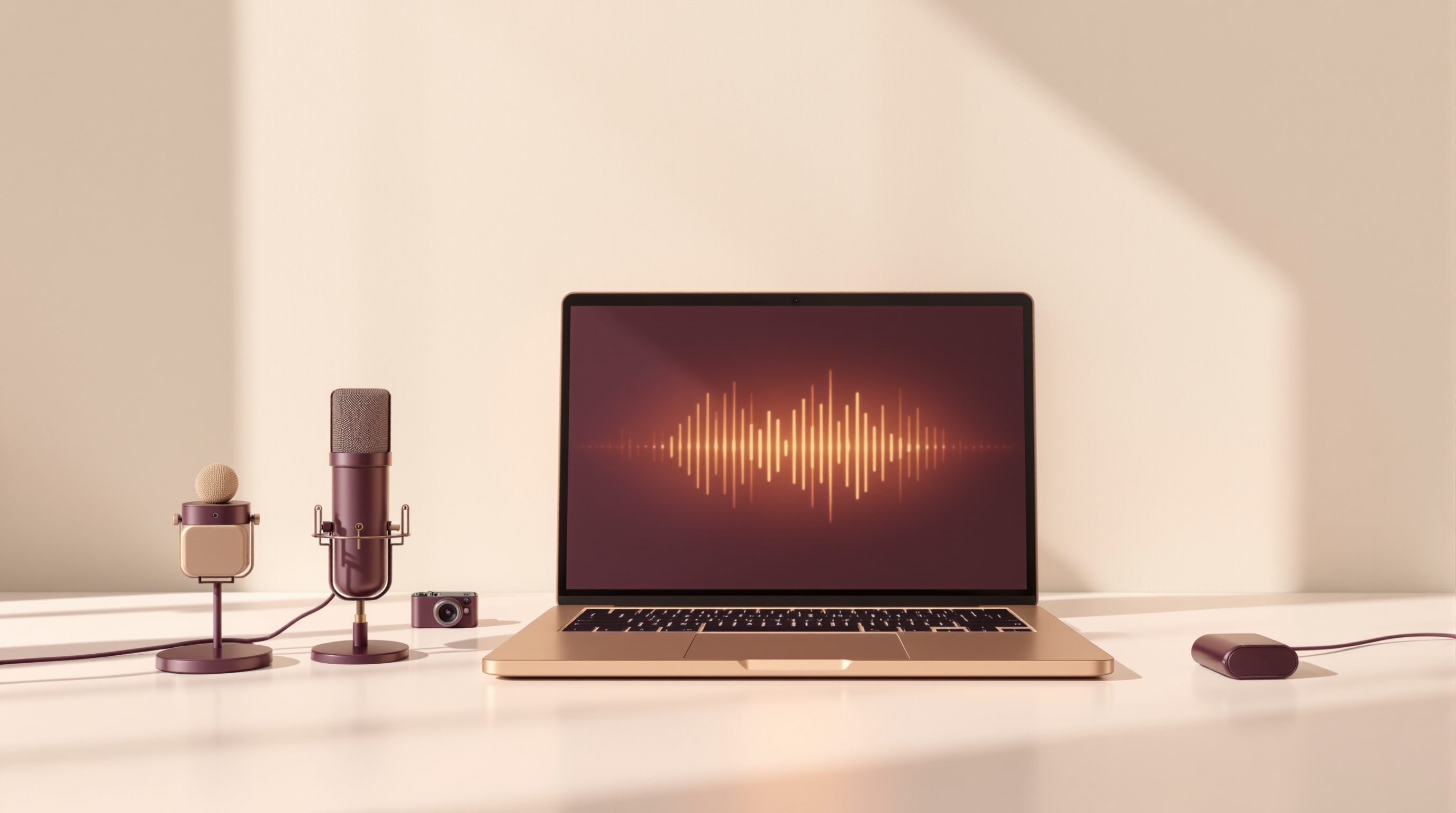 A desk with only a laptop and no microphone or camera, producing a finished podcast reel on screen