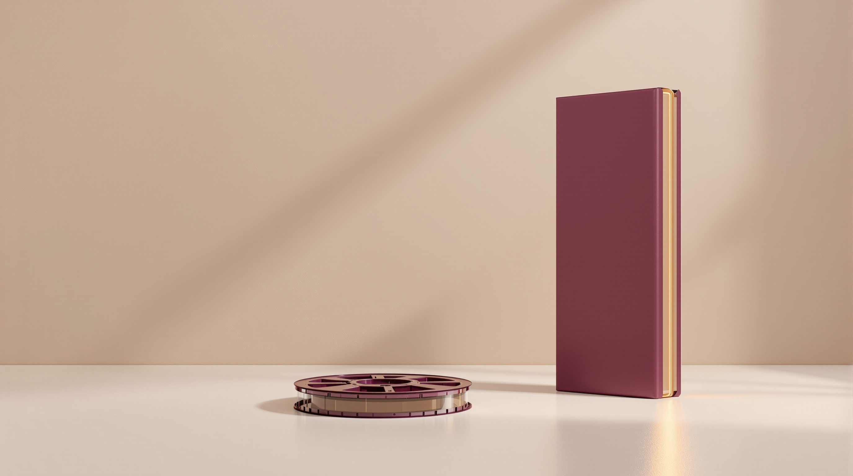 An empty film reel with no film on it lying beside an upright deep plum vertical video card lit by a thin gold rim light, representing a clip made from text with no footage to cut