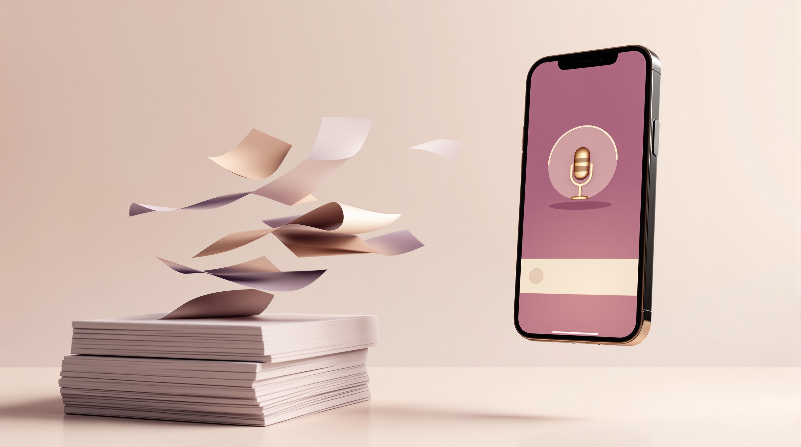 Pages lifting off a stack of documents and flying into a phone showing a podcast microphone icon