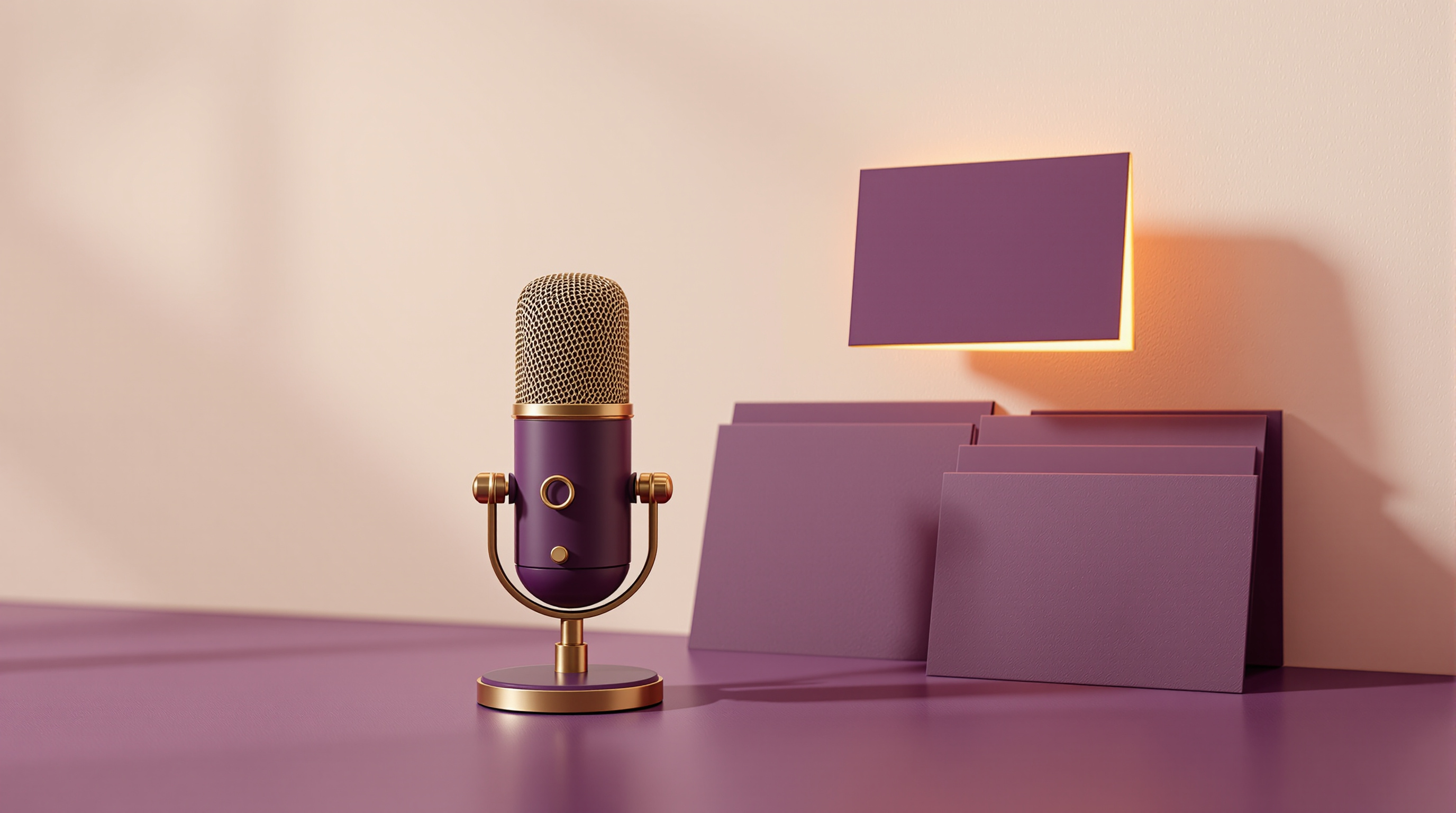 A deep plum podcast microphone in front of a stack of identical plum cards, with one card lifted and lit in gold, representing the one episode idea worth making among many