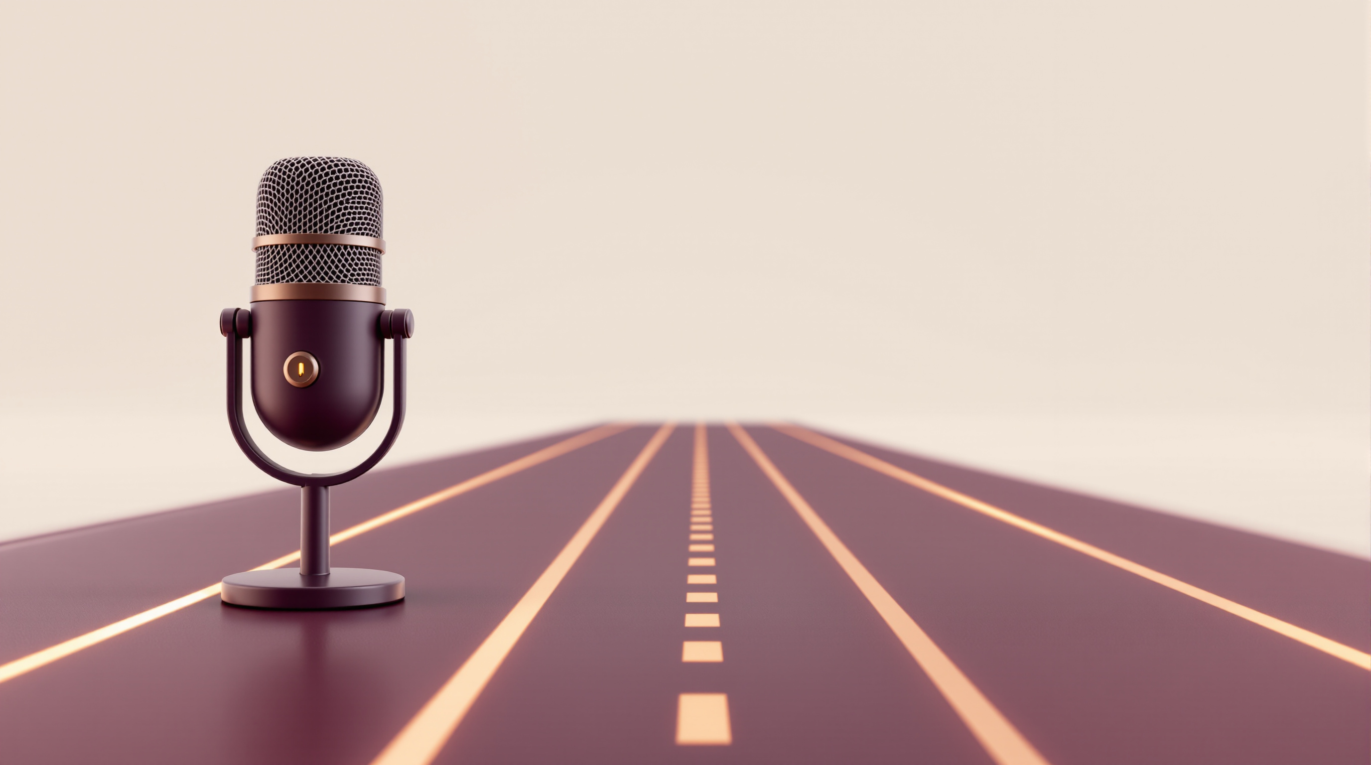 A podcast microphone at the starting line of a deep plum running track with gold lanes, representing the intro as the start of every episode