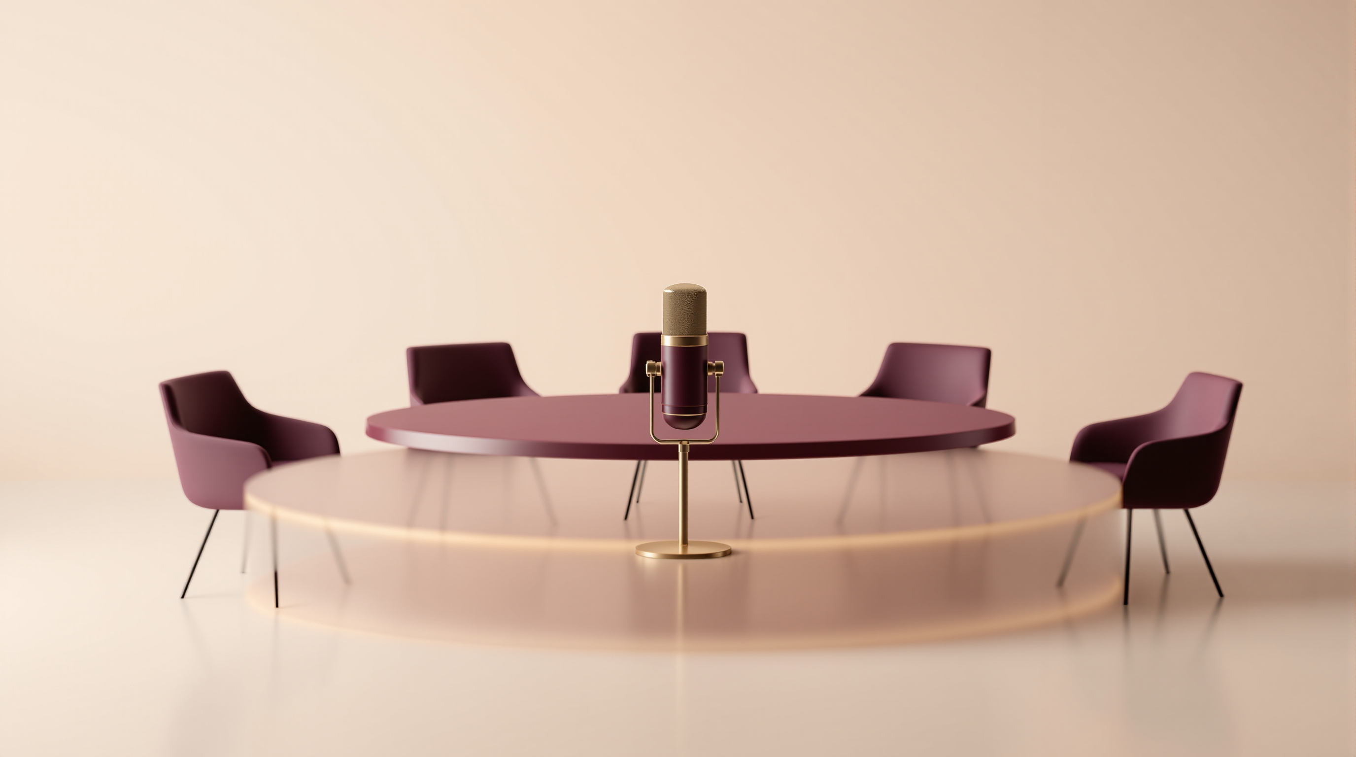 A single deep plum microphone on a gold stand at the centre of a round table surrounded by empty chairs, representing a one-host podcast format
