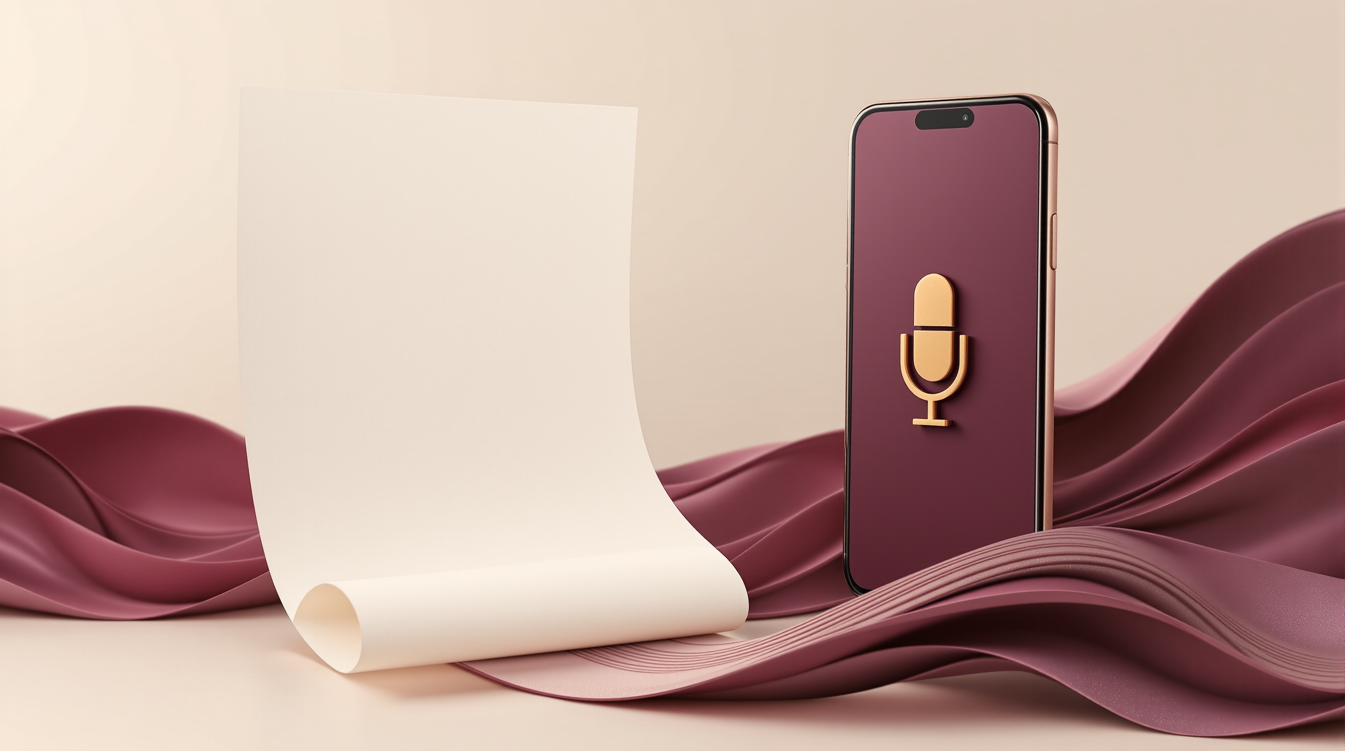 An article page curling into flowing sound waves that stream toward a phone showing a podcast microphone icon