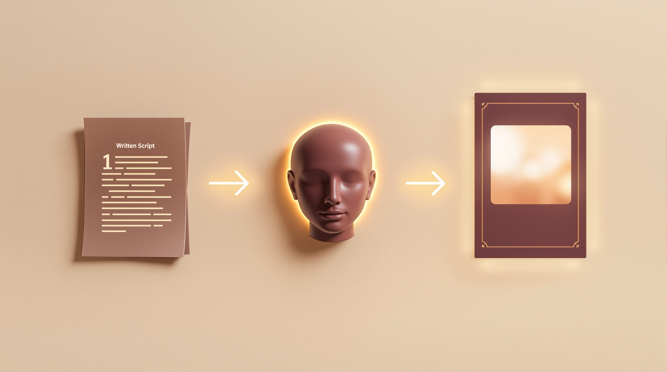 A three-step flow: a written script becomes an AI host, then a finished vertical podcast reel.