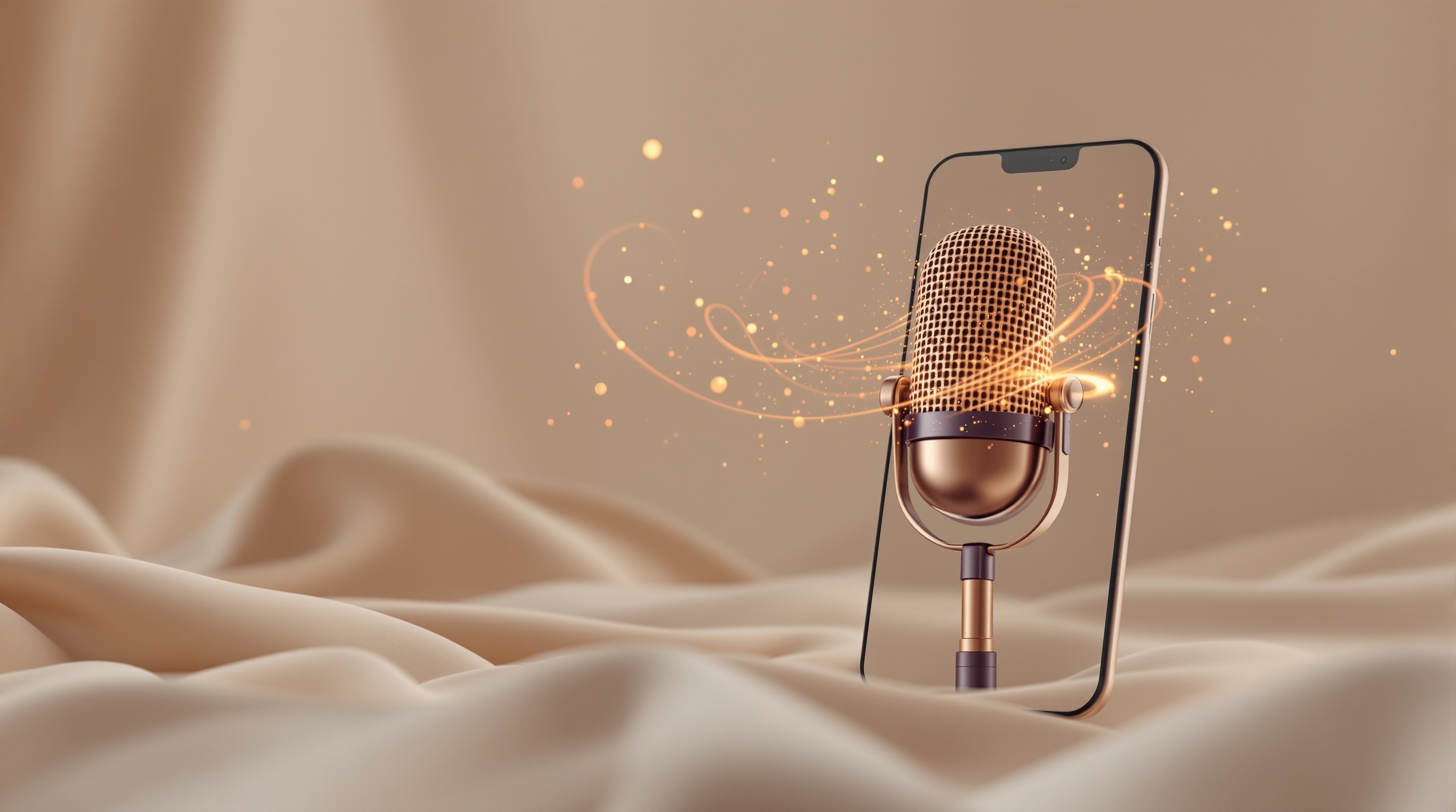 An AI podcast host delivering a scripted line as a vertical podcast reel on a phone screen
